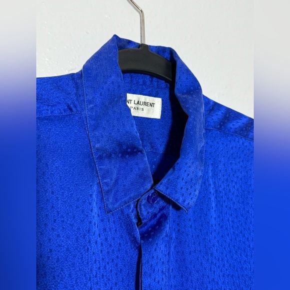 Saint Laurent Tonal Dot Silk Button Up in Royal Blue - Picture 13 of 16